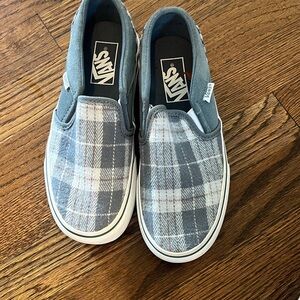 Vans Blue and Gray Plaid Slip-On Shoes